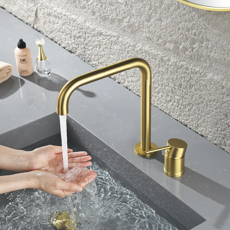 Water faucet with brushed gold finish, double-hole, single-handle, cold/hot dual-function, copper deck-mounted basin faucet