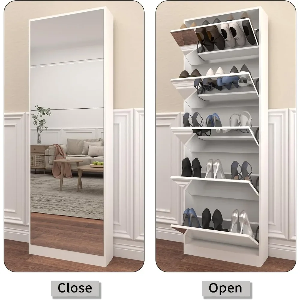 Armoire à chaussures avec 5 pivots à rabat, armoire de rangement étroite pour chaussures, armoire d'entrée, miroir pleine longueur T1, meuble à chaussures blanc…