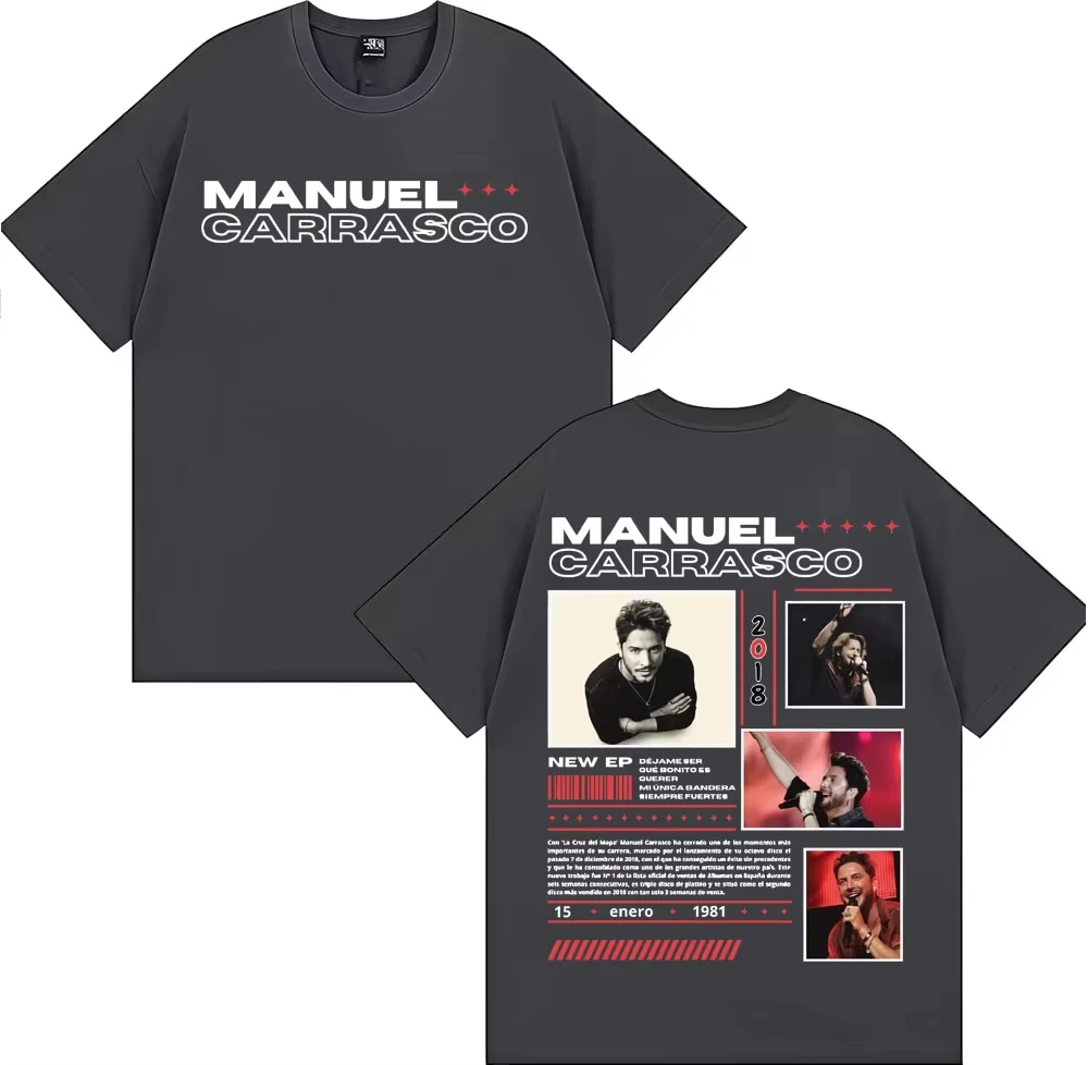 Modna koszulka hip-hopowa retro dla mężczyzn i kobiet, codzienna koszulka z krótkim rękawem, koszulka z okładką albumu rapera Manuel Carrasco z trasy koncertowej.