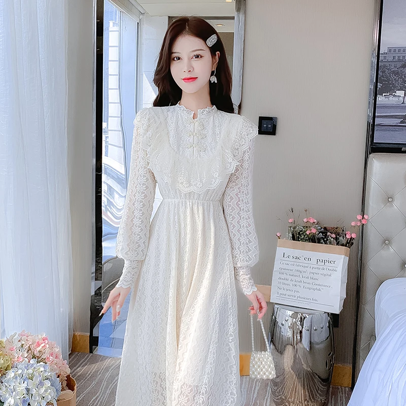 Elegant Sweet Vintage Solid Lace Women Midi Dresses for 2023 New Autumn Fashion Long Sleeved Cute Party Birthday Fairy Dress