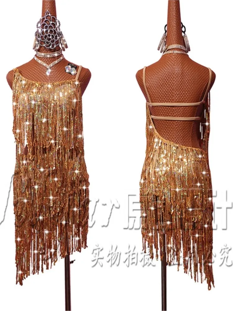 

Belly Dance Inspiration Latin Dance Competition Costume Performance Suspender Backless Gold Sequin Tassel Skirt Diagonal