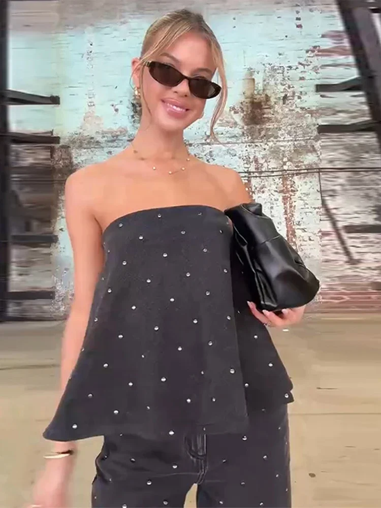 CPSYMYM Mode Diamant Tube Top Broek Sets Vrouwen Sexy Strapless Mouwloos Backless Vest Wijde Pijpen Broek Zomer Dame Outfit