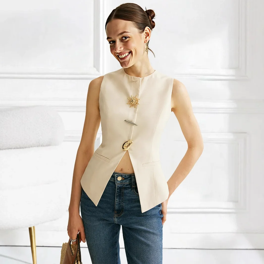 High Quality Hot Selling Wholesale Spring and Summer Button Solid Color Sleeveless Temperament Fashionable Vest Top Women Coats