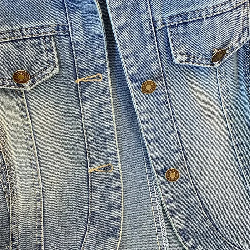 

Fashion Diamond Women Light Blue Short Denim Jacket Spring Autumn New Casual Lapel Long Sleeve Jeans Jacket Streetwear Female
