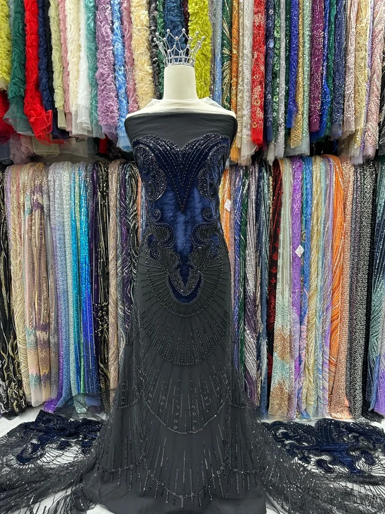 

5Y African Lace Fabric High Quality Nigerian Lace Fabric Velvet Laser Embroidery Beads Sequins Lace For Wedding Dress Material