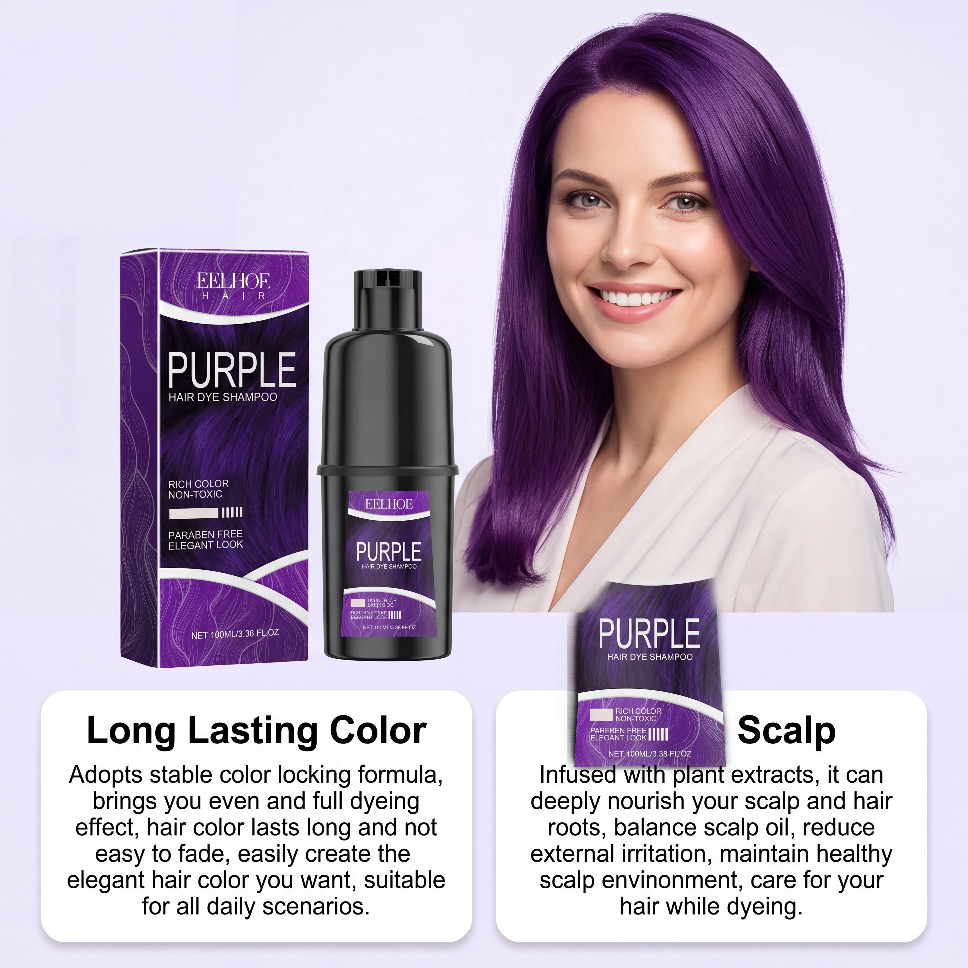Purple Natural Herbal Hair Color Shampoo For Gray Hair Coverage Long Lasting Color Enhancing Care Nourishing Coloring Shampoo