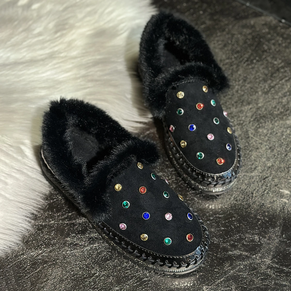 Aphixta Real Mink Fur Shoes Women Flats Luxury Rivets Hand Stitching Winter Shoes Woman Crystals Slip-on Platform Footwear