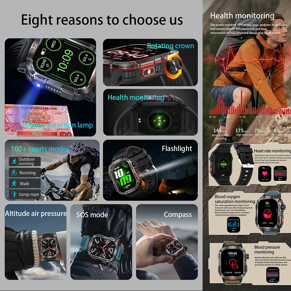 2024 New Outdoor Military Smart Watch with LED Flashlight Altitude Pressure Compass, Language Assistant IP68 Waterproof Watch