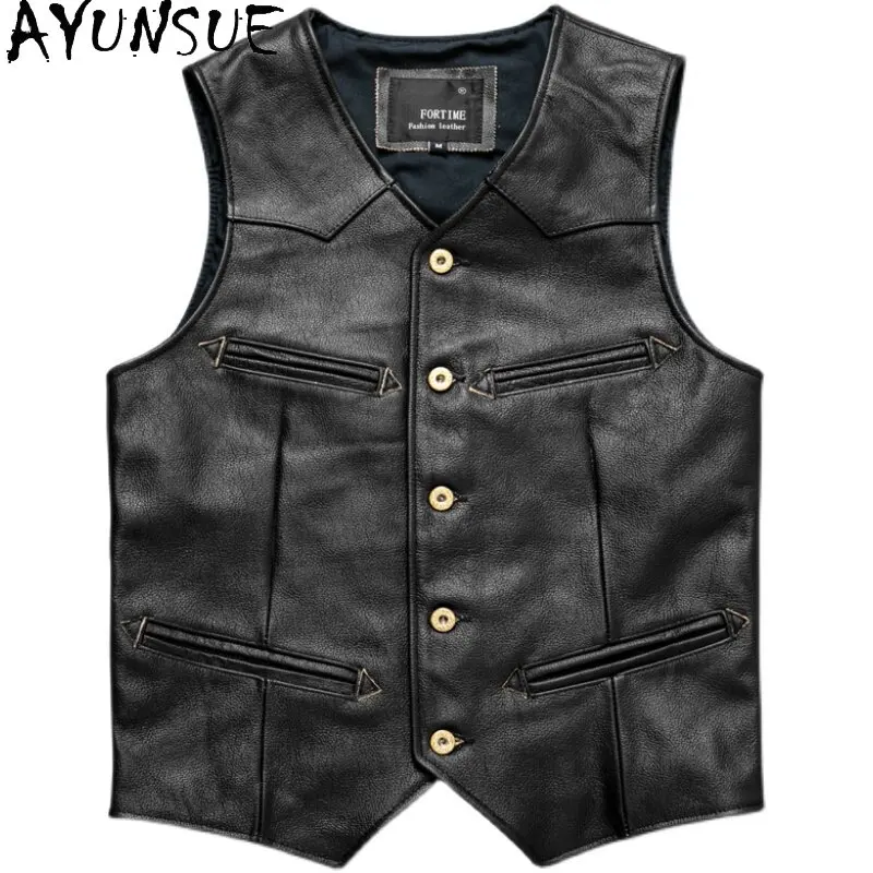 AYUNSUE Men Genuine Leather Vest Vintage Western Cowboy Slim Mens Jacket Top Layer Cowhide Veste Homme Casual Waistcoat 가죽점퍼