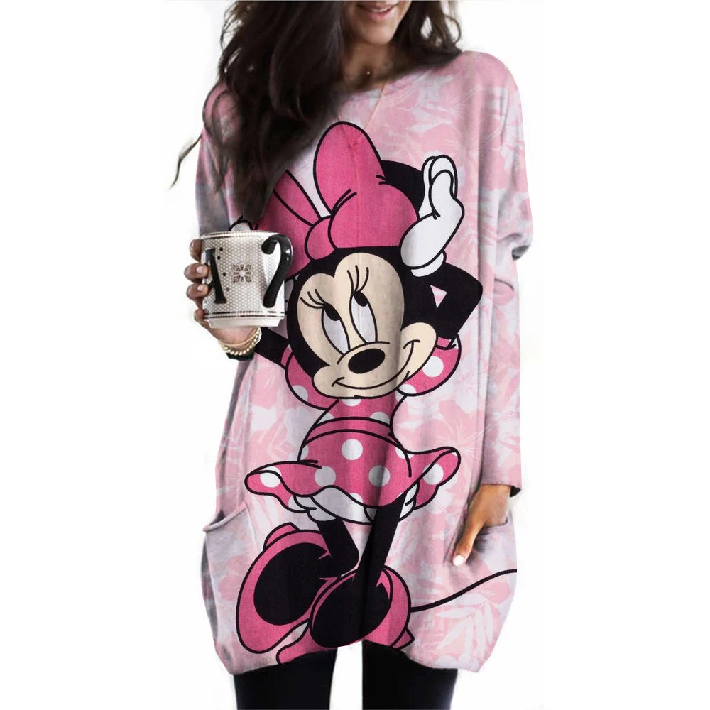 Oversized round neck loose casual pocket T-shirt for women, long sleeved Disney Mickey Mouse printed pullover for women, fashion