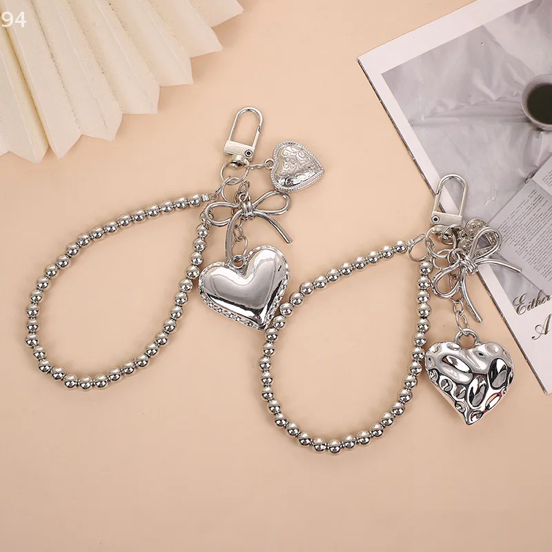 1 Piece Fashion Metal Bead Heart Bow Key Chain For Women Sweet Bag Hanging Decoration Pendant Y2K Jewelry Accessories