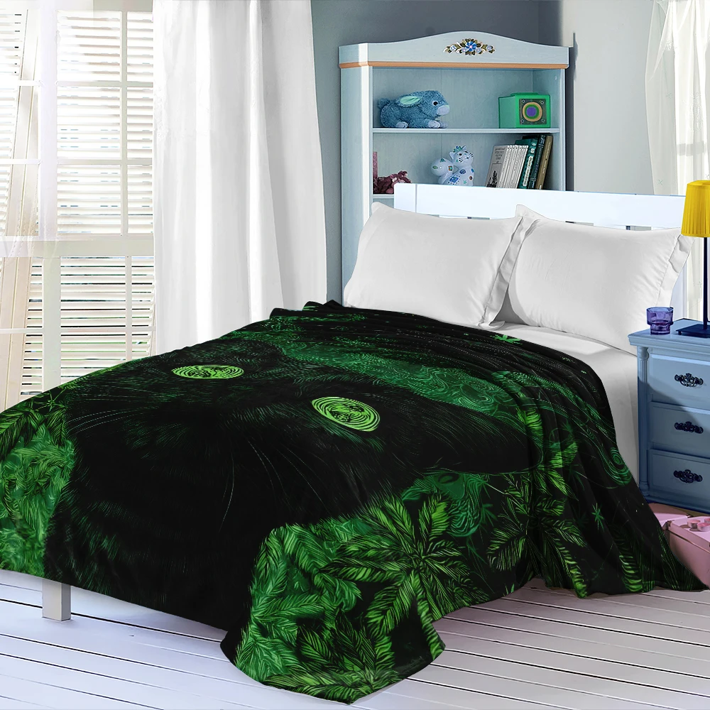 Black Green Cannabis Cat Warm Flannel Fleece Blanket Thick Soft Cozy Throw Blanket for Winter Bed Couch Plush Bedspread