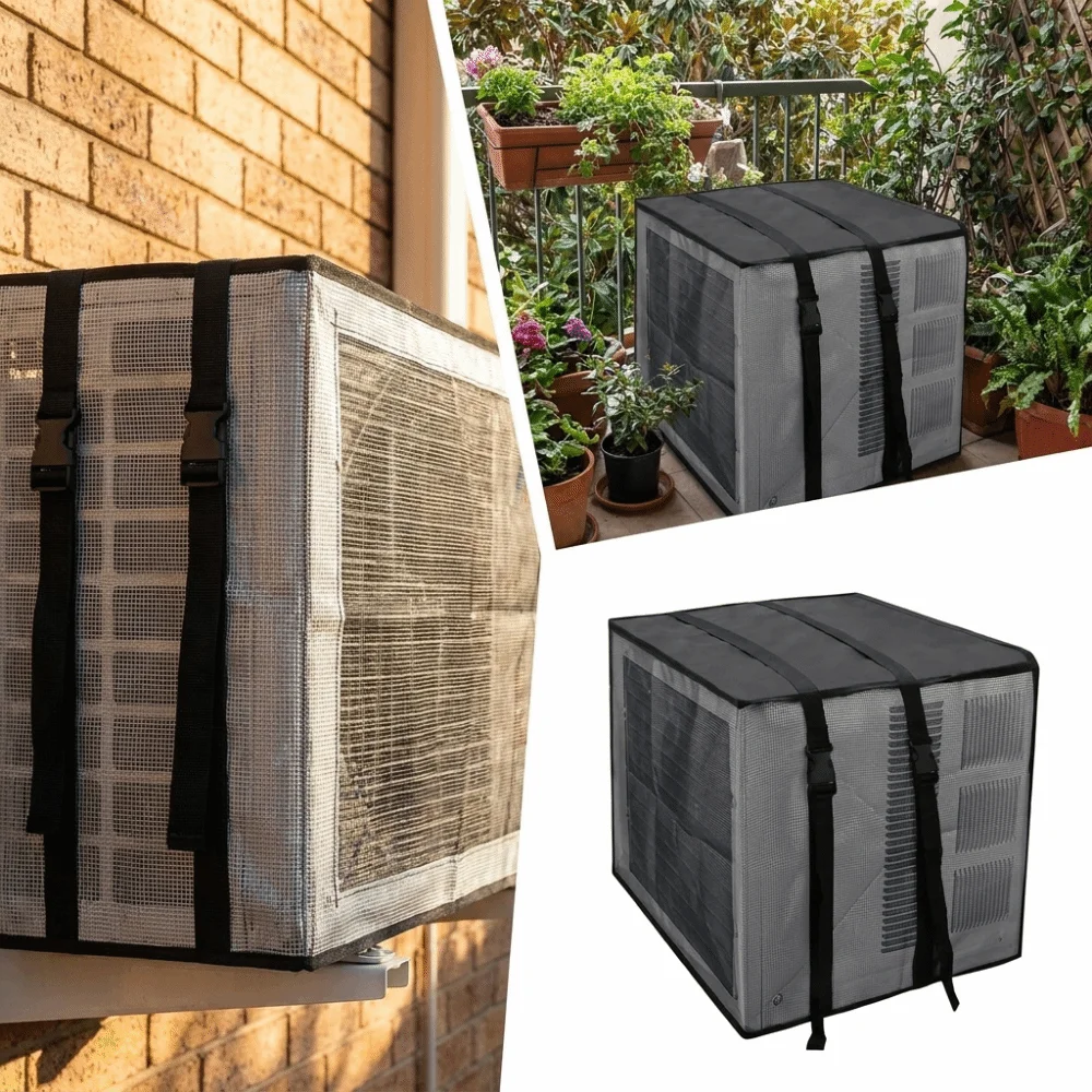 Waterproof AC Unit Protective Cover Adjustable Strap Snow Proof Mesh Cover Ventilated Mesh UV Resistant AC Unit Protective Lid
