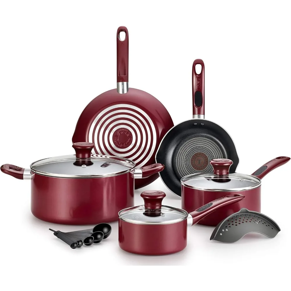 

T-fal B039SE64 B039SE Excite ProGlide Nonstick Thermo-Spot Heat Indicator Dishwasher Oven Safe Cookware Set, 14-Piece, Red, 2.3