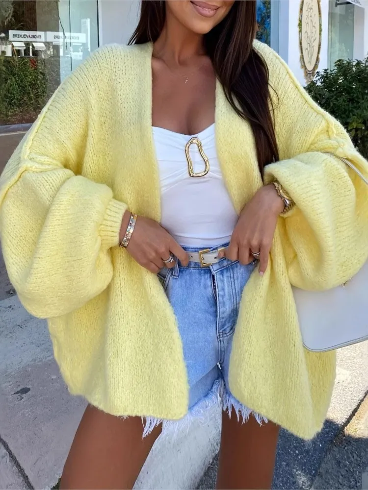 Fashion Solid Sweater Coat For Women Casual Long Sleeve V Neck Loose Sweaters Tops Lady Holiday Streetwear Womens Clothing New