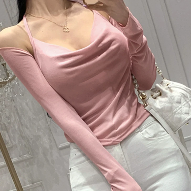 Faionable ort Sexy Crop Top And Vest Set for Women Ne Hanging Design Elastic Long Sve Sweater Korean Sle Winter Wear