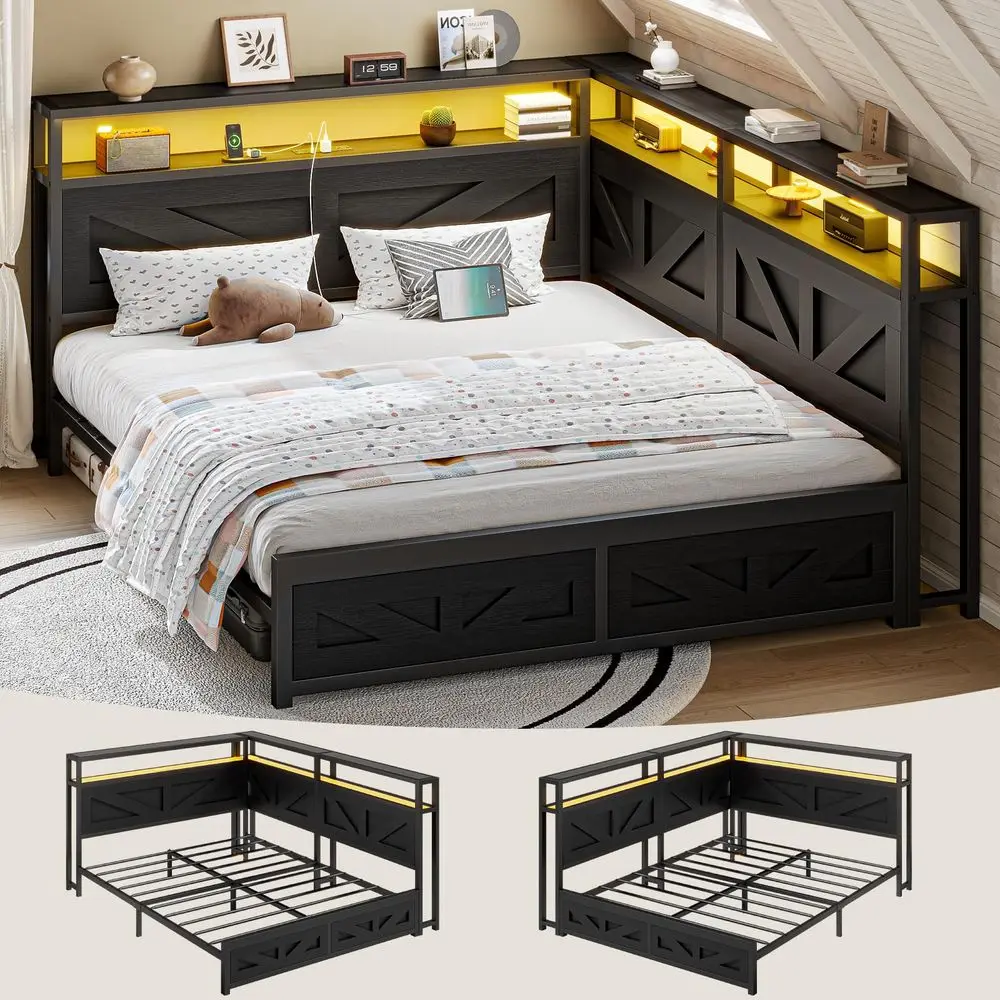 Corner Bed Frame with Storage and Bookcase Headboard, Daybed with LED Light and Charging Station, Queen Size Metal Platform Cor