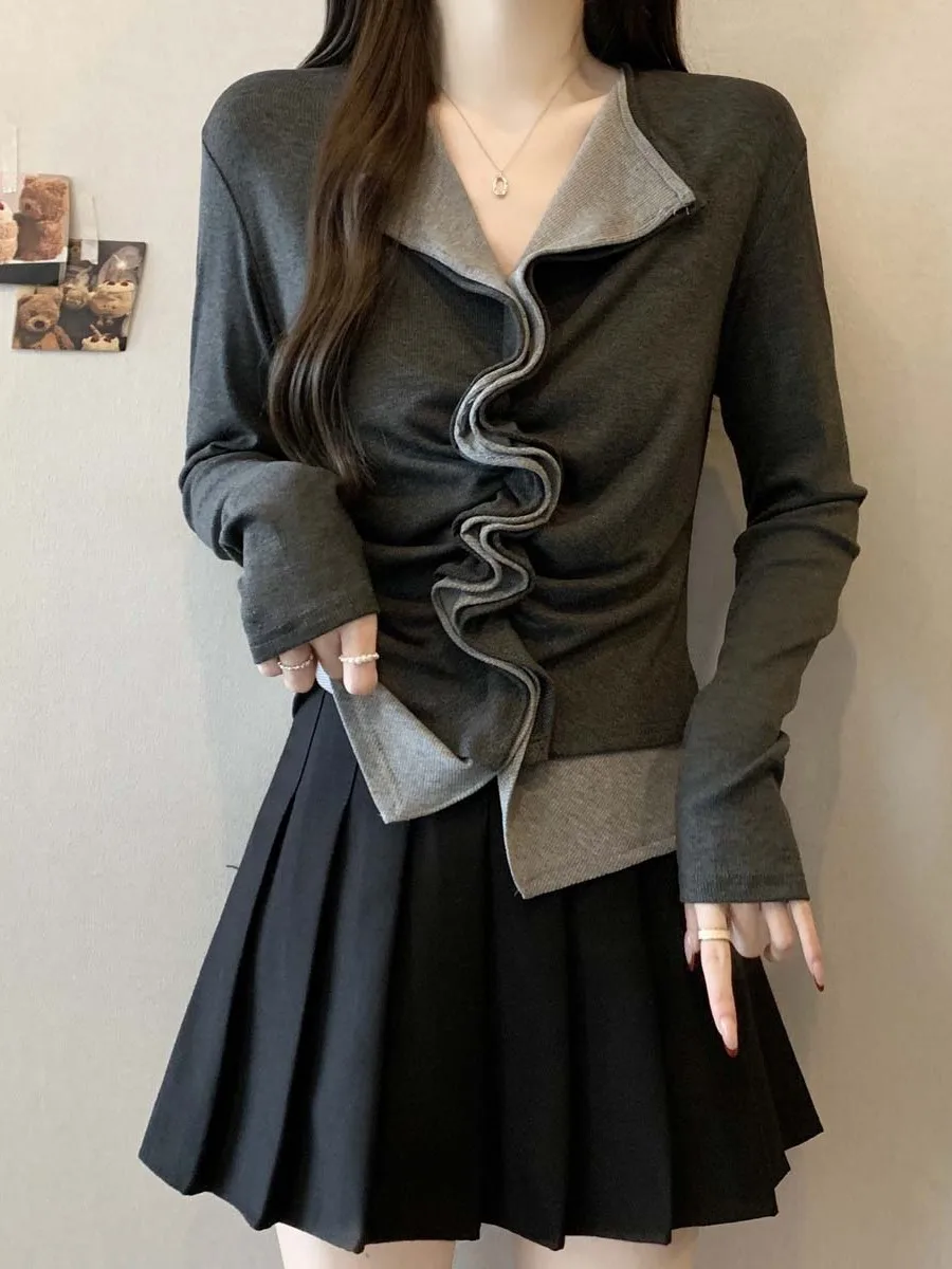 

plus Size V-Ne Cuffed Long Sve T-irt Base irt Women Spring Autumn Slimming Fake Two-Piece Color Blo Top French S...