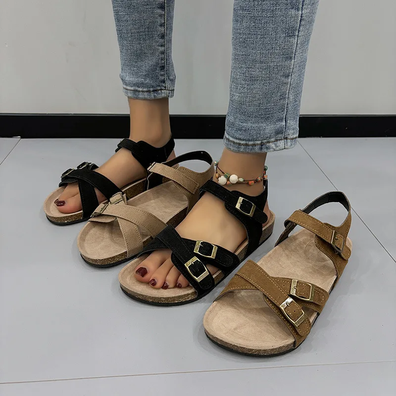 Female Sandal Low-Heeled Shoes With Strap Buckle 2024 Summer Large Size Girls Low-heeled Cork Flat Clogs Beige Fashion New Comfo