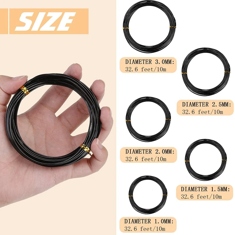 Total 5M (Black) Bonsai Wire Anodized Aluminum Bonsai Training Wire, 5 Sizes (1.0Mm, 1.5Mm, 2.0Mm, 2.5Mm, 3Mm) for Plant Shapes