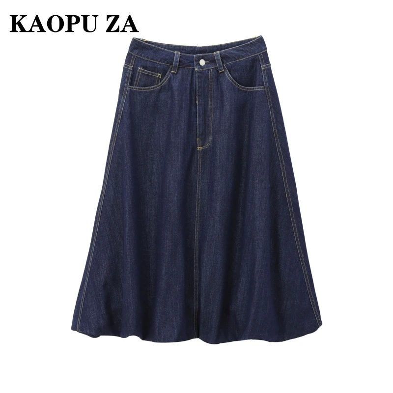 KAOPU ZA 2024 Autumn Woman's Casual Button Solid Color Midi Skirt Women Clothing Vintage Ruffles Streetwear Denim Skirt Bottoms