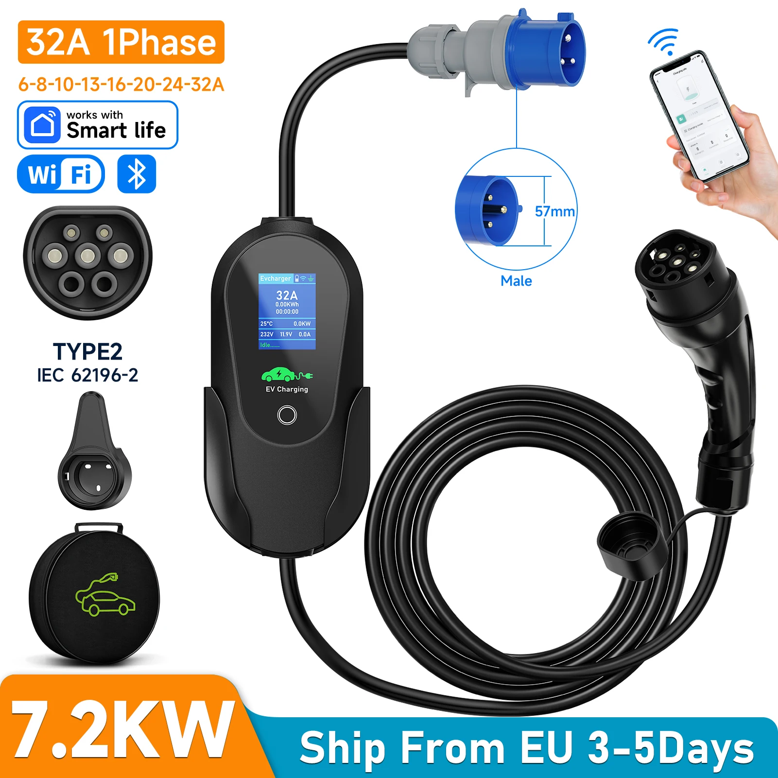 AFEEV Typ2 IEC 62196-2 Tragbares EV-Ladegerät 7,2KW 32A 1-Phasen Wallbox EVSE Schnellladung WLAN APP Bluetooth Fernbedienung
