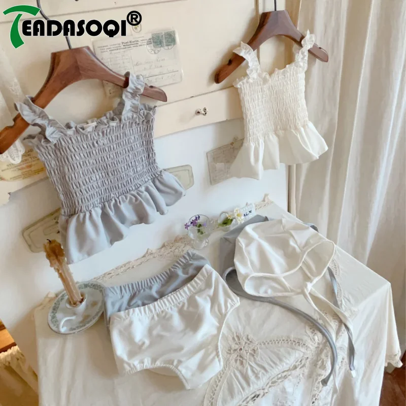 

2024 Summer Newborn Infant Suit Kids Swimsuits Baby Girls Solid Color Suspenders Pleated Swim Dress+Shorts+Hat Todder 3Pcs Set