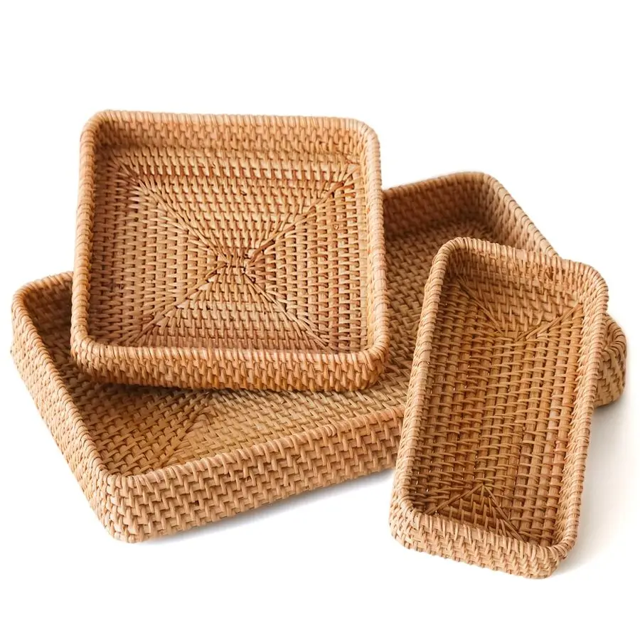 

Serving Tray, Rectangle Basket Set of 3, Wicker Storage and Organizing Baskets, Natural Decorative Woven Tray for Home Decor, Ba