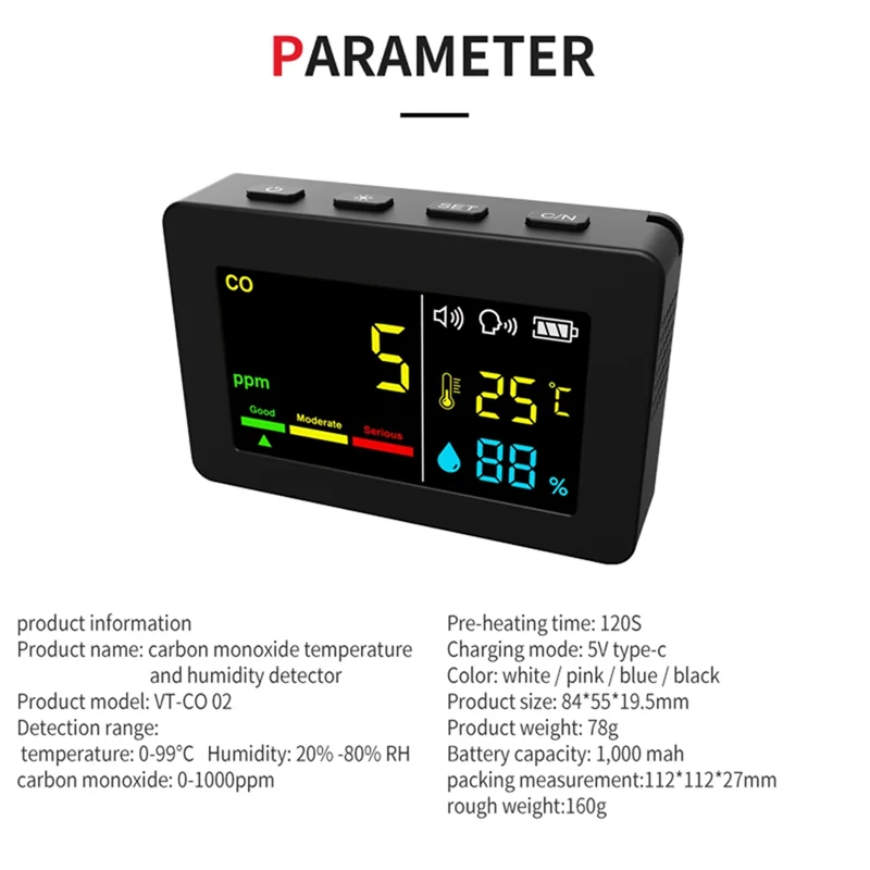 AEF7-Portable compteur de qualité de l'air 3-en-1 CO testeur de température et d'humidité monoxyde de carbone avec alarme vocale