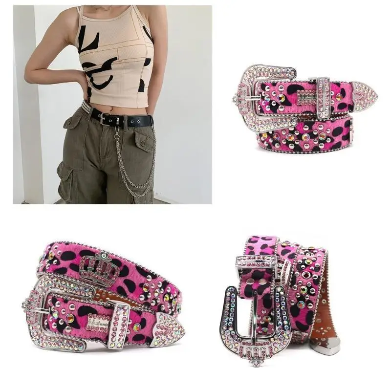652F أحزمة حجر الراين القوطية المرأة بو الجلود حزام حجر الراين أحزمة Y2K حزام الفتيات