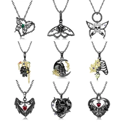 JIUHAO Pendant Necklace 100% 925 Sterling Silver Butterfly Moth Skull Scream Black Wings Chain Necklace for Girl Women Jewelry