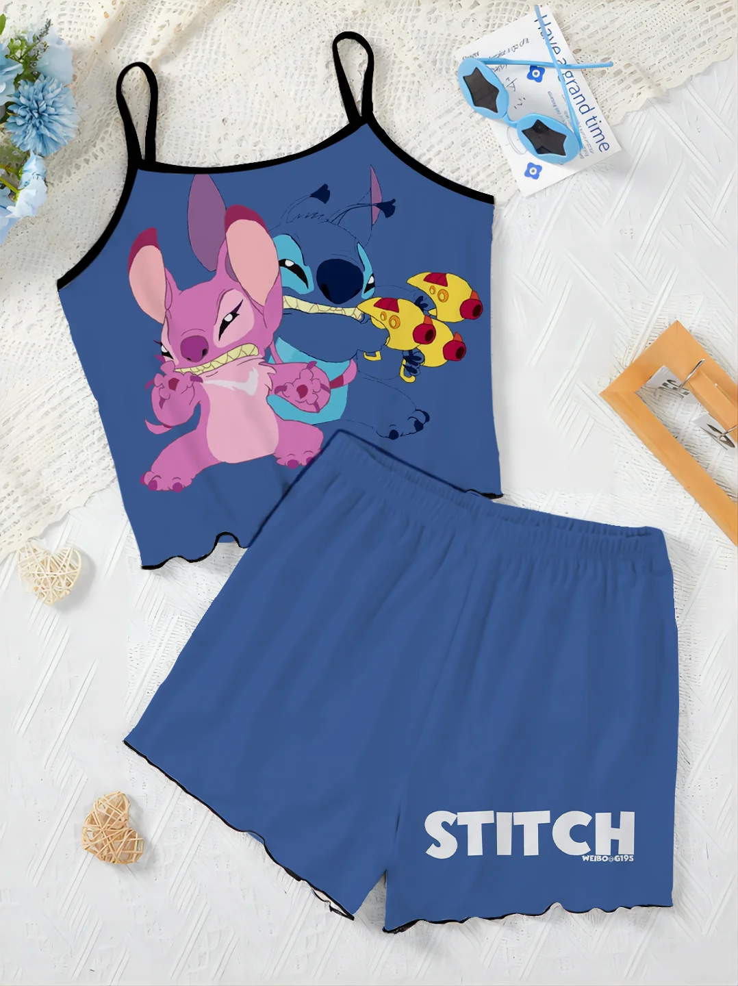 Stitch Top T-shirt Krótkie zestawy dla kobiet 2-częściowe wykończenie sałaty Disney Garnitur damski Sukienka na ramiączkach Elegancki 2-częściowy Luksusowy dom Disney