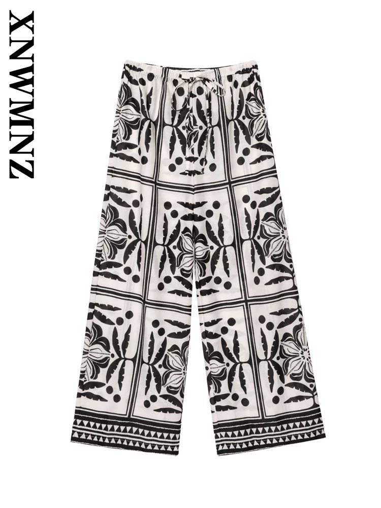 

XNWMNZ 2025 Spring New Lady Sophisticated Wide Leg Pants Bottoms Trendy Summer Woman's Lace Long Pants Print High Waist Ruffles
