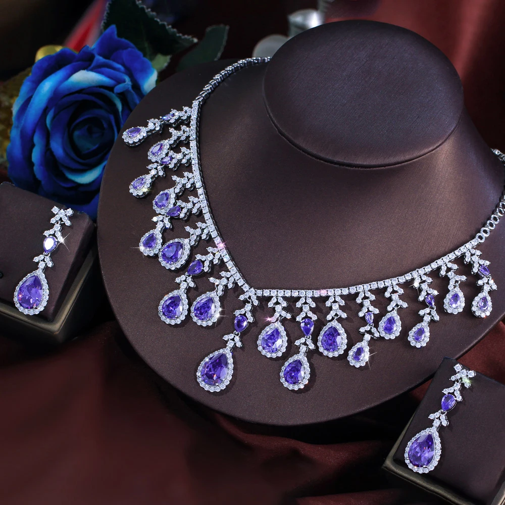 ThreeGraces Delicate Luxury Shiny Purple Water Drop Zirconia Tassel Necklace Bridal Wedding Party Jewelry Set for Women T1062