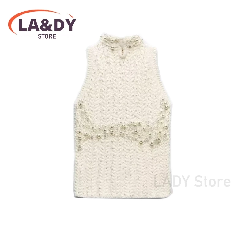 Vest Women Fashion Pearl Knit Top Female Solid Color 2024 Casual Loose Sleeveless Sweater Pullovers