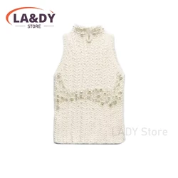 Vest Women Fashion Pearl Knit Top Female Solid Color 2024 Casual Loose Sleeveless Sweater Pullovers