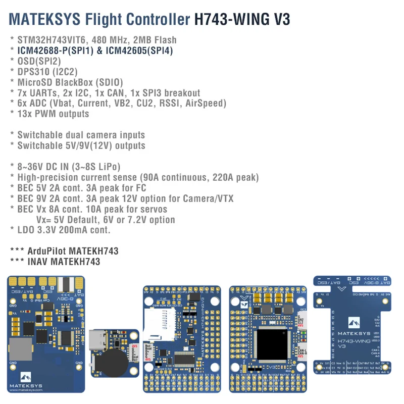 MATEK Mateksys H743-WING V3 Flight Controller FC Dual Camera Input Built-in OSD 3-8S LiPo For RC FPV Fixed-Wing Drone Multirotor