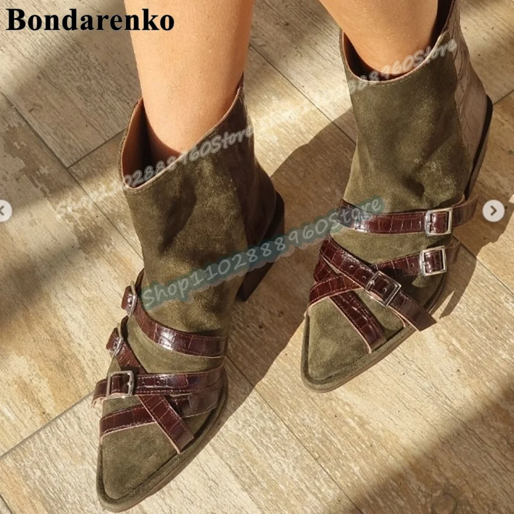 

Mixed Splicing Cross Buckle Strap Ankle Boots Low Heel Shoes For Women Slip On Pointed Toe Casual Fashionable Zapatos Para Mujer