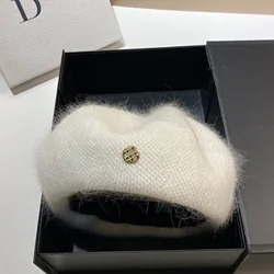 Angora Rabbit Fur Winter Knitted Wool Beret Fashion Metal Buckle Lady Warm Berets Girl's Painter Hat Outdoor Bonnet Beanie