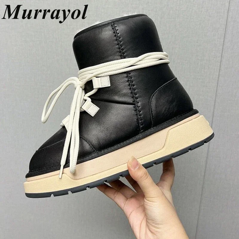 

Round Toe Wool Llining Warmth Short Botas Women Genuine Leather Lace-up Snow Boots Winter Outwear Non-slip Mid-Calf Boots