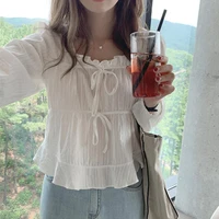 Fashoin New Vintage Loose White Blouse Women Casual Long Sleeve Ruffled Shirt Tops Fashion Square Collar Solid Lady Shirts 11700 - Image 6