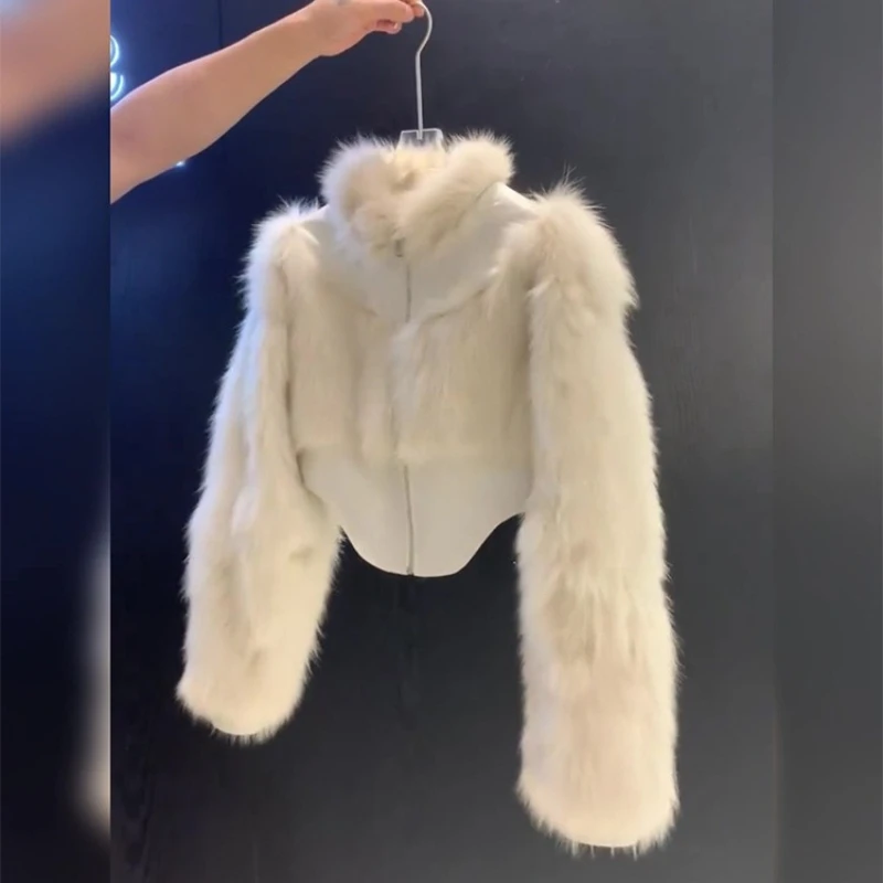 レディースレザーファーパッチワークファー付きジャケットホワイトショートジッパーぬいぐるみコートスタイリッシュフェイクファージャケット冬用スタンドウォームふわふわトップス