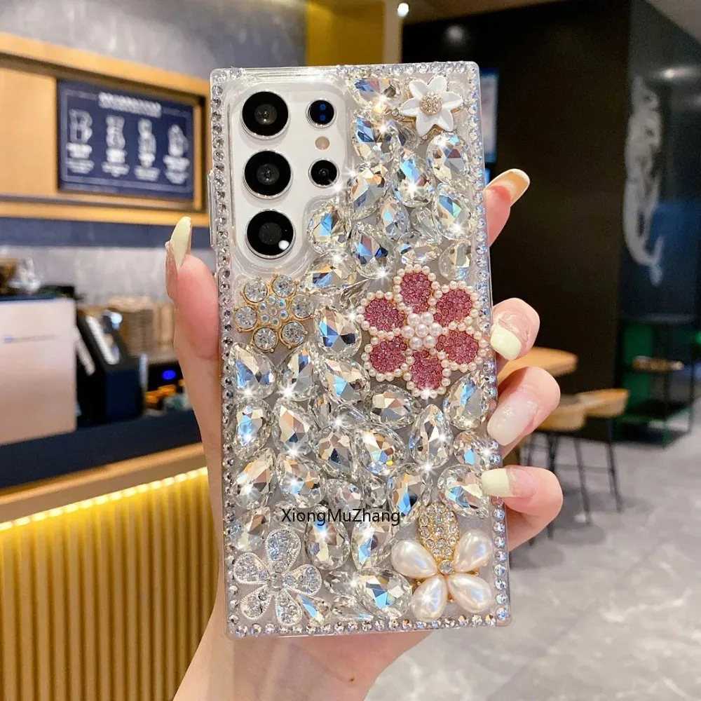 Glitzernde Rosa Perlen-Blumen-Hülle für Samsung Galaxy A36 A33 A53 A56 A73 A54 A55 A13 A57 A37 Strass Silber Diamant Cover – Detail 2