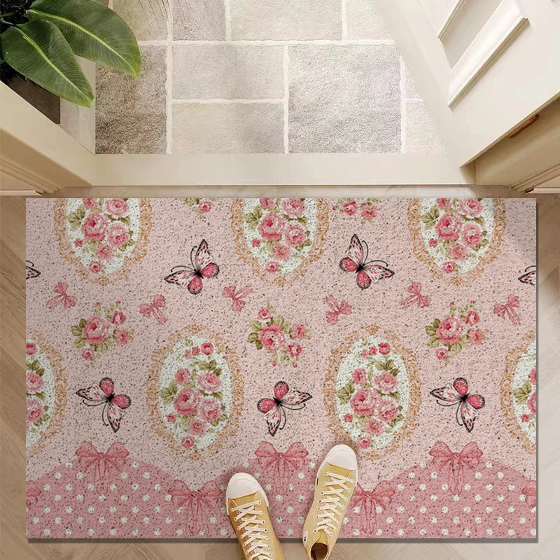 

Home Doormat Entrance Door Porch Pvc Floor Mat Hall Mud Anti-Skid Mat Red Pink Butterfly Rose Printed Square Carpet Bathmat