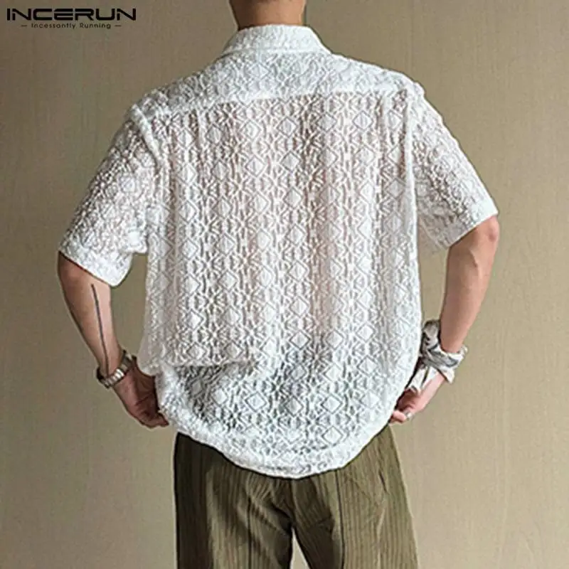 INCERUN Men Shirt Lace Hollow Out Lapel Short Sleeve Men Clothing Summer Transparent Vacation 2024 Loose Streetwear Shirts S-5XL