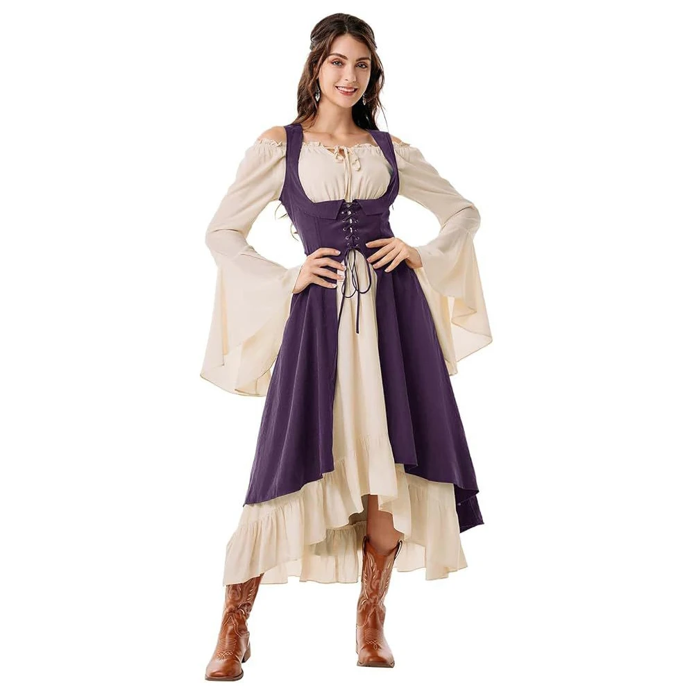 ملابس عصر النهضة النسائية، محيط الصدر، مزارع القراصنة، فستان عالي منخفض مع فم، طقم مكون من قطعتين