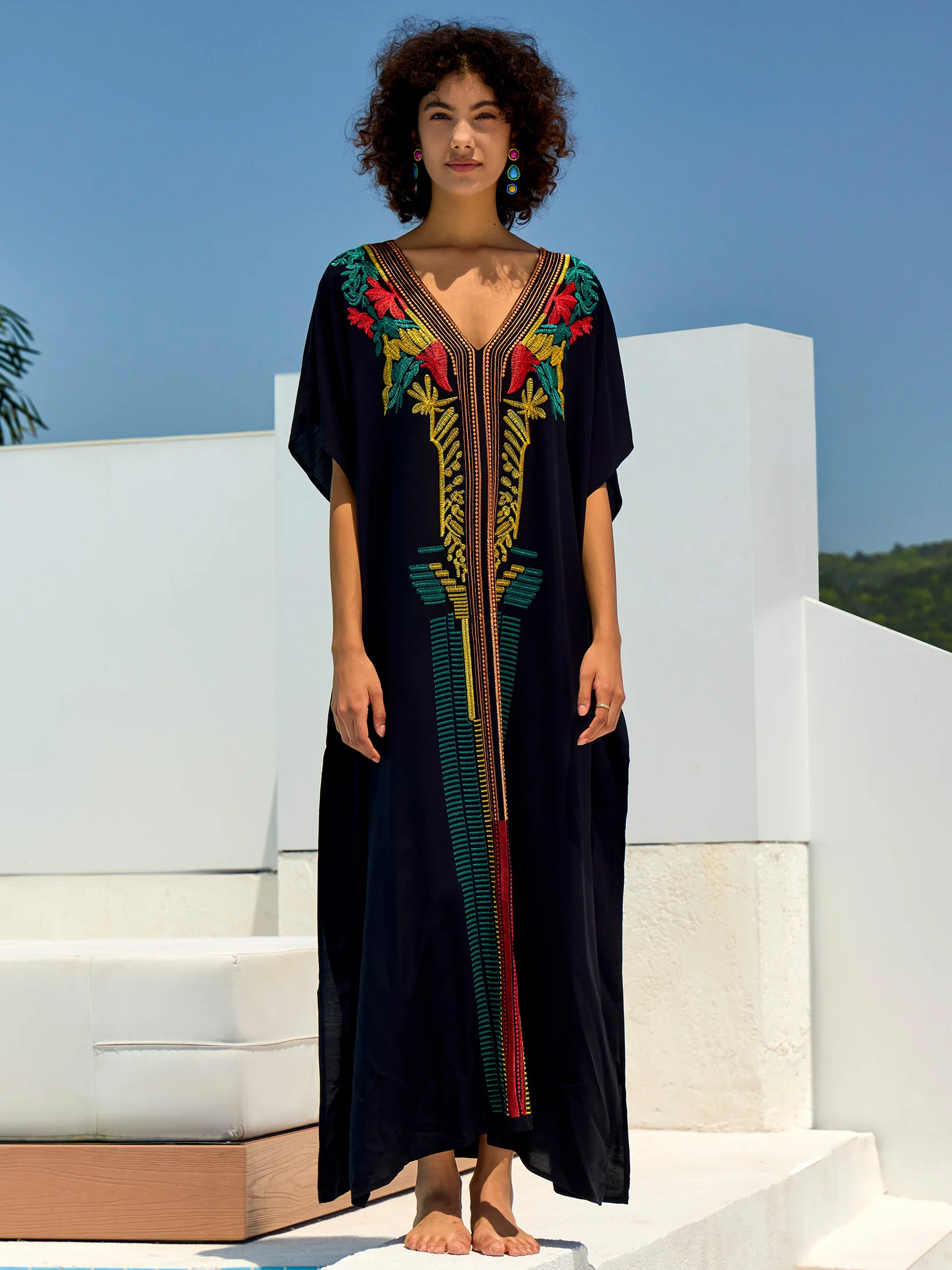 2024 Bohemian Chic Embroidery Printed Sexy V Neck Batwing Sleeve Kaftan Dress For Women Beachwear Vacation Maxi Dresses Q1672