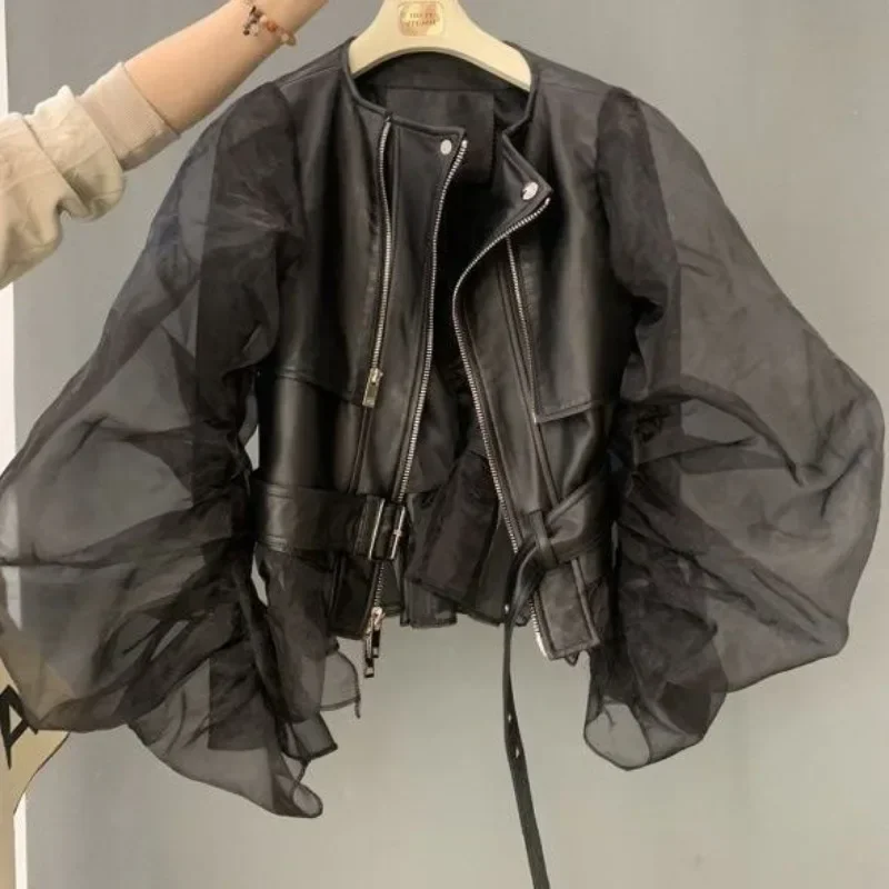 

Short Coat Women Organza Bubble Sleeved Ruffled Fashion Leather Jacket Streetwear Retro Black Faux Autumn ZT80