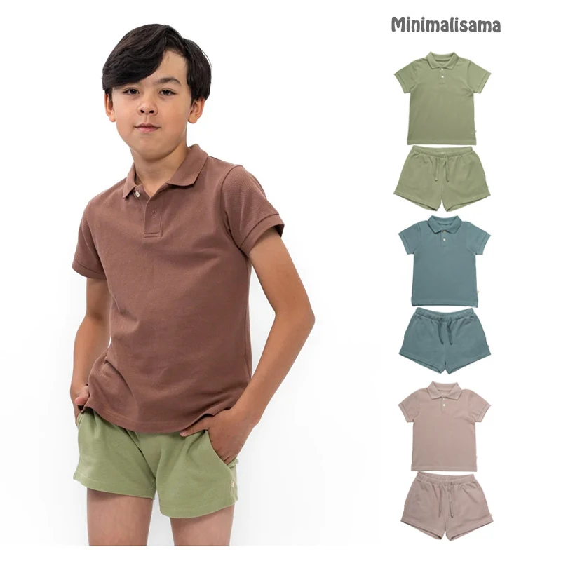 

Children's Set 23 Summer Mal Same Style Children's Short Sleeve Shorts Set Paul Shirt Lapel Top Solid Color Shorts [in Stock]