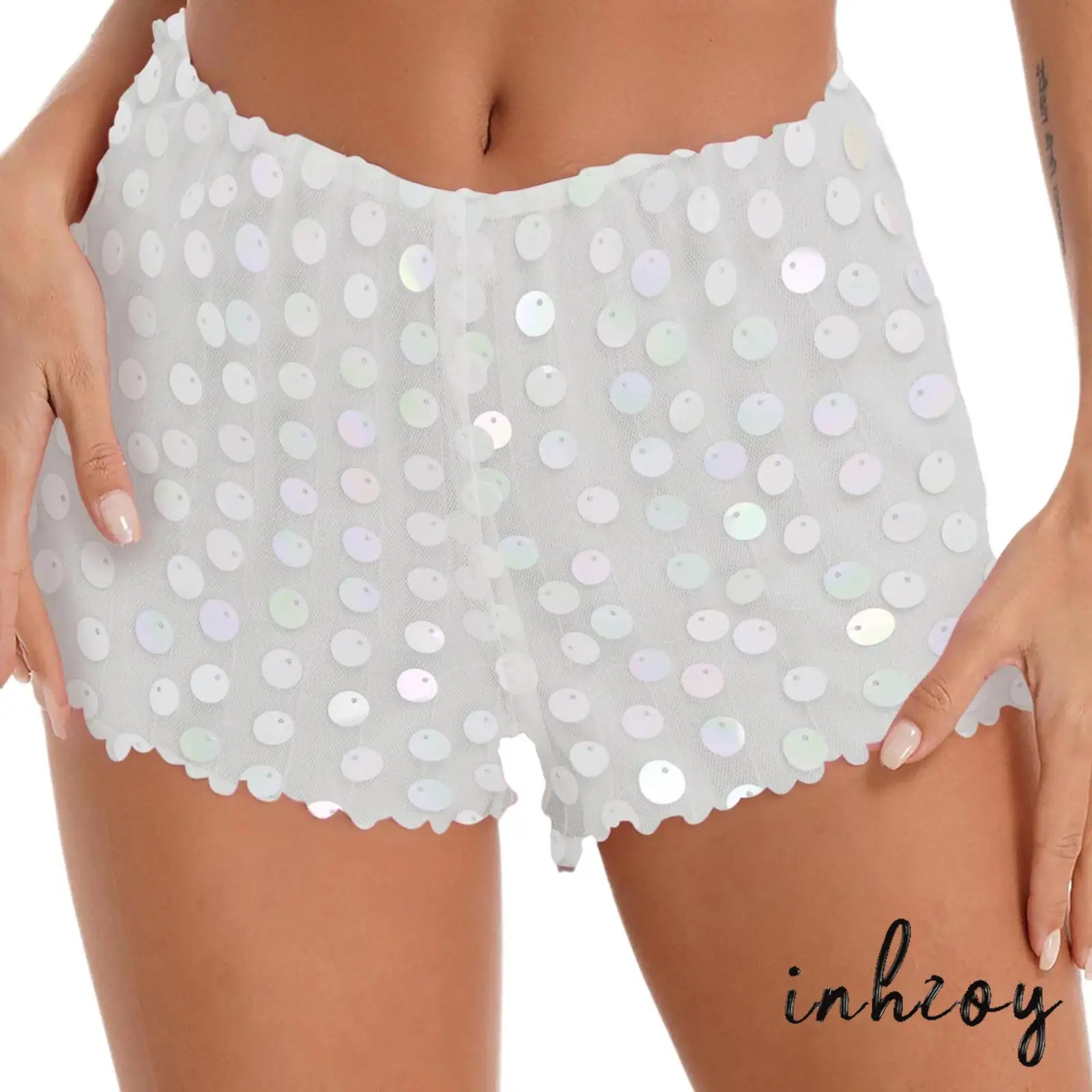 

Womens Glittery Sequined High Waist Shorts Hot Pants Sequin Mesh Layer Fully Lined Zipper Booty Shorts for Clubwear Raves Party